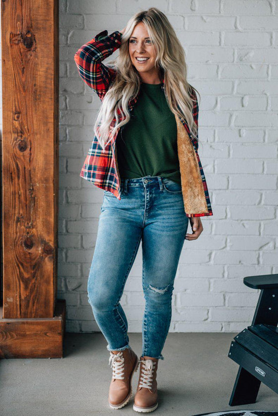 Classic Fit Fur Lined Plaid Top