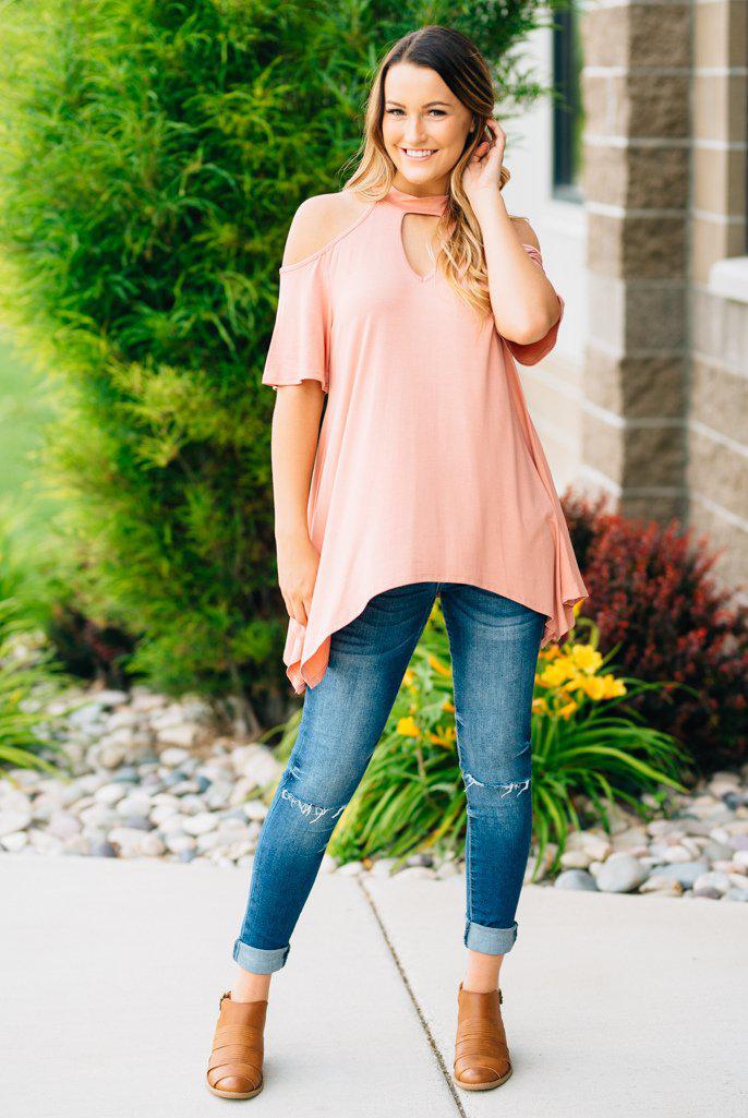 Flowy Open Shoulder Tunic | Blush