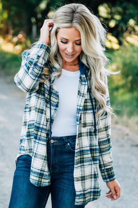 Plaid Top with Contrast Terry Hood