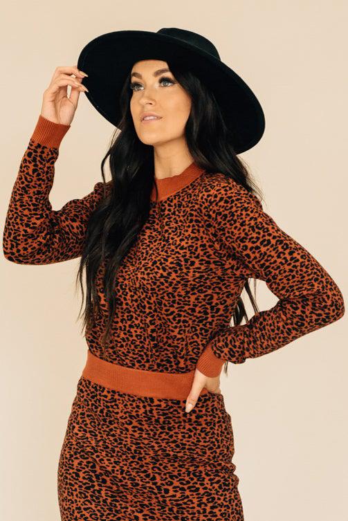 rust and black animal print sweater set