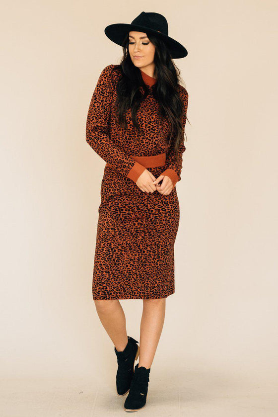 rust and black cheetah print sweater and skirt matching set