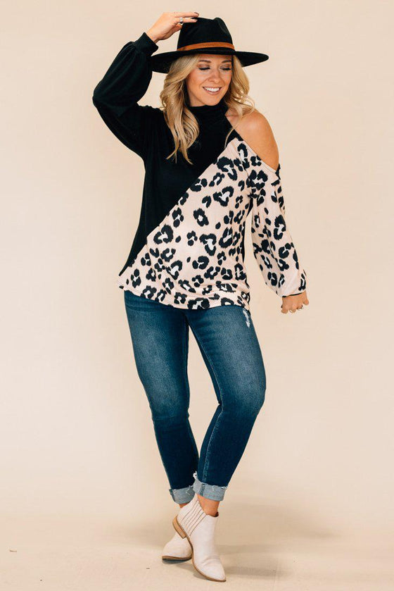 single open shoulder top with animal print