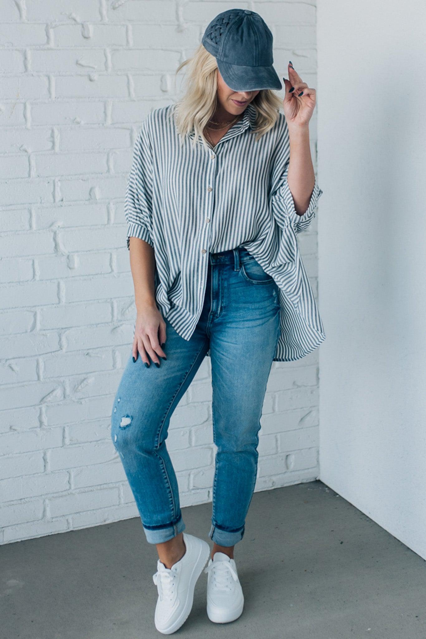 Striped Slouchy Button Front Top