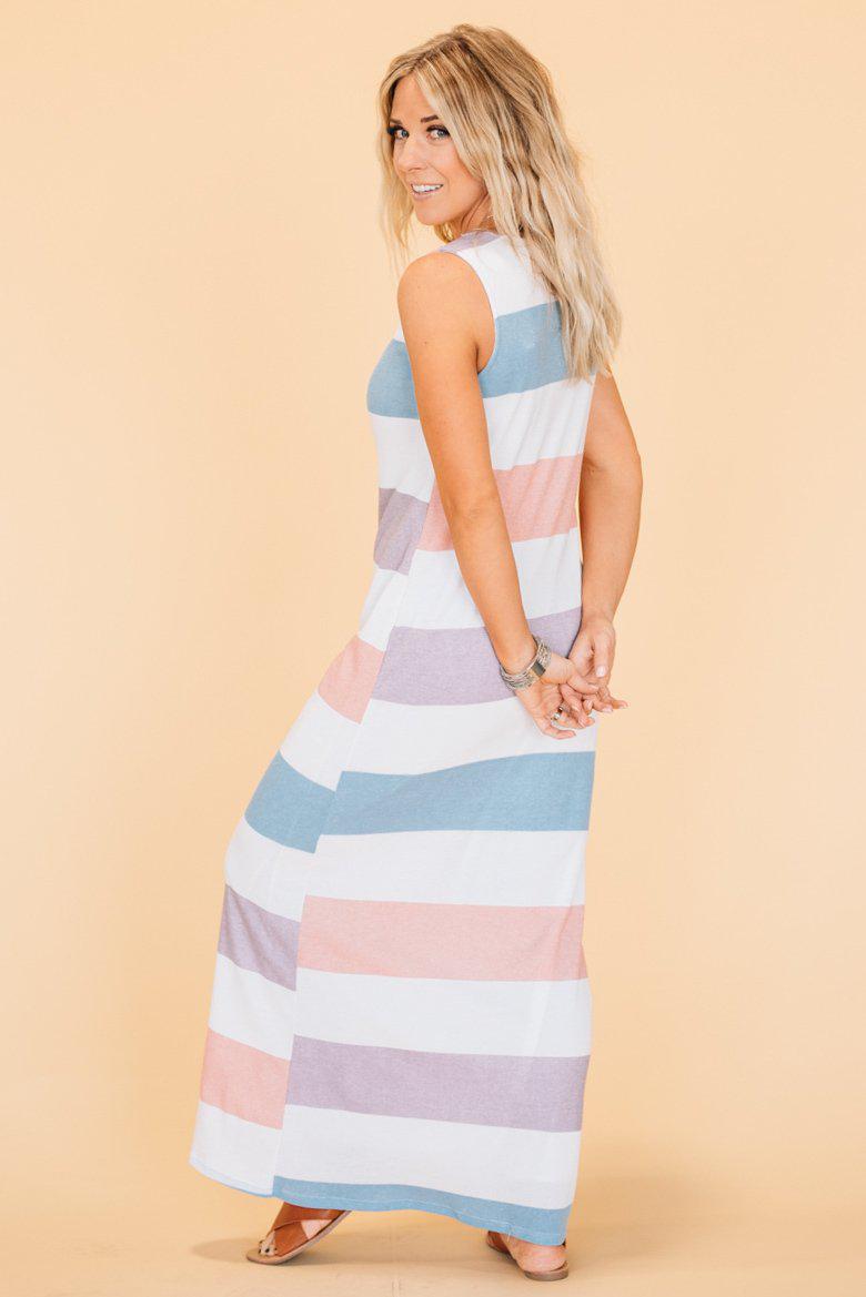 pink blue white stripe dress