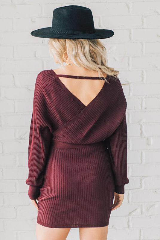 Surplice Ribbed Mini Sweater Dress